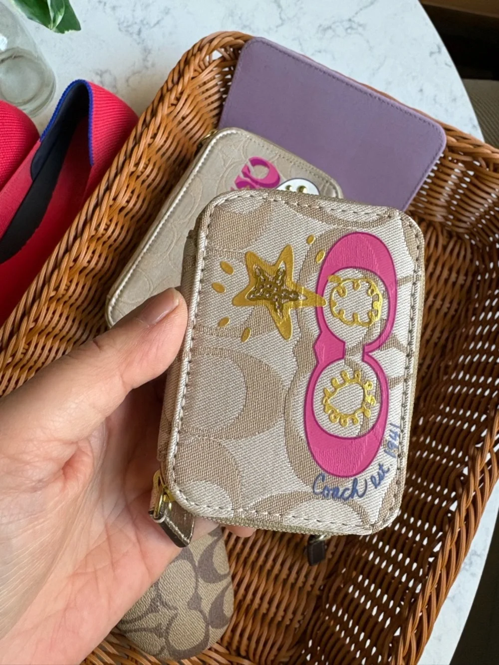 Coach Beige & Brown Signature Accessory Set with Pink Accent LOT Cases only